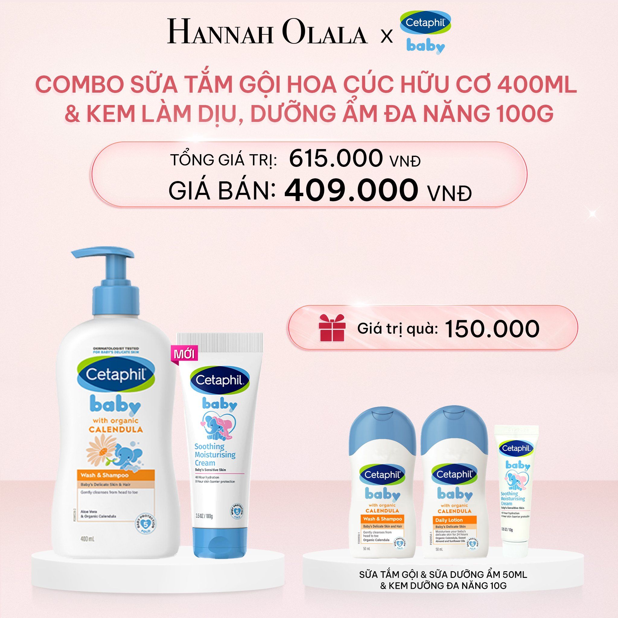 E435_DEAL 11: COMBO SỮA TẮM GỘI DỊU LÀNH CHO BÉ CETAPHIL BABY WASH & SHAMPOO VỚI HOA CÚC HỮU CƠ 400ML & KEM LÀM DỊU VÀ DƯỠNG ẨM CHO BÉ CETAPHIL BABY SOOTHING & MOISTURISING CREAM 100G