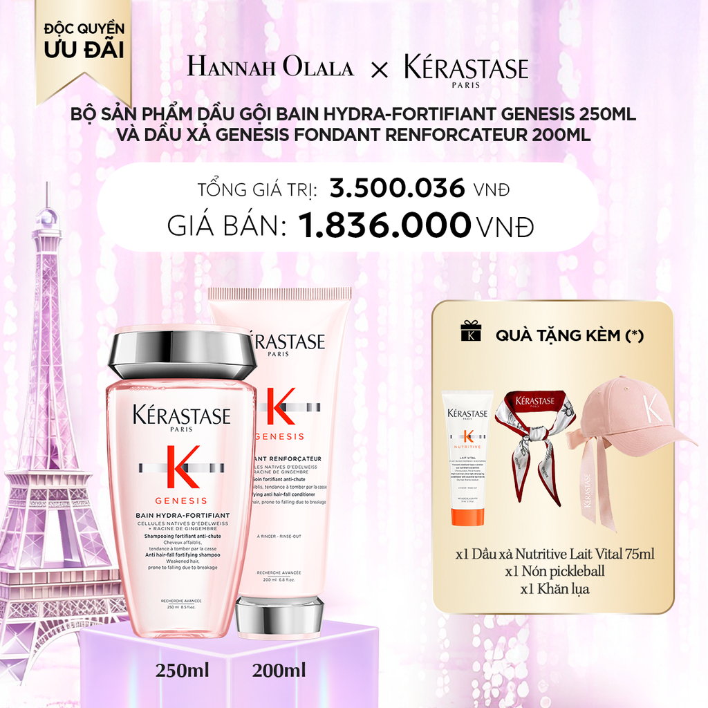 DEAL 4: BỘ SẢN PHẨM DẦU GỘI BAIN HYDRA-FORTIFIANT GENESIS 250ML VÀ DẦU XẢ GENESIS FONDANT RENFORCATEUR 200ML