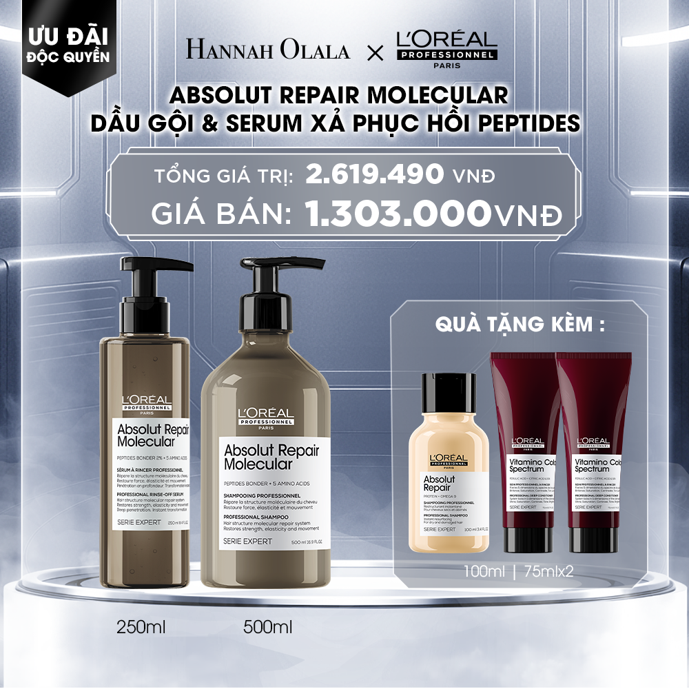 DEAL 8: COMBO DẦU GỘI 500ML + SERUM XẢ 250ML PHỤC HỒI PEPTIDES CHO TÓC HƯ TỔN L'ORÉAL PROFESSIONNEL ABSOLUT REPAIR MOLECULAR