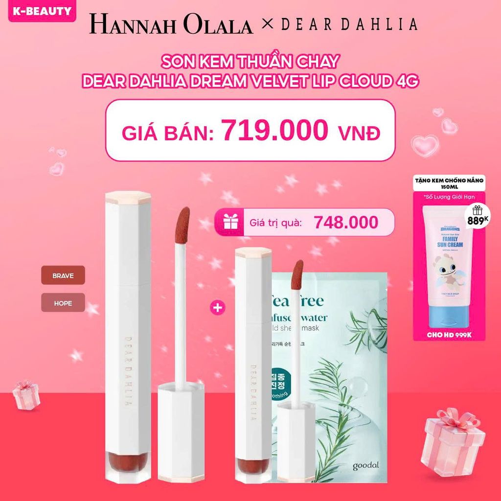 DEAL 2: SON KEM THUẦN CHAY DEAR DAHLIA DREAM VELVET LIP CLOUD 4G