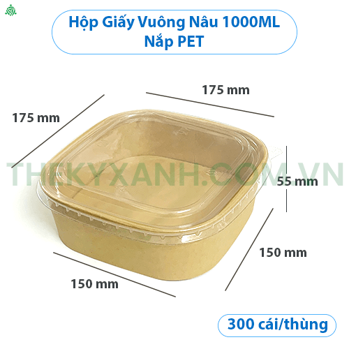 Tô giấy Kraft Vuông Nâu 1000ml Kèm Nắp PET đựng thức ăn, salad, bánh bông lan