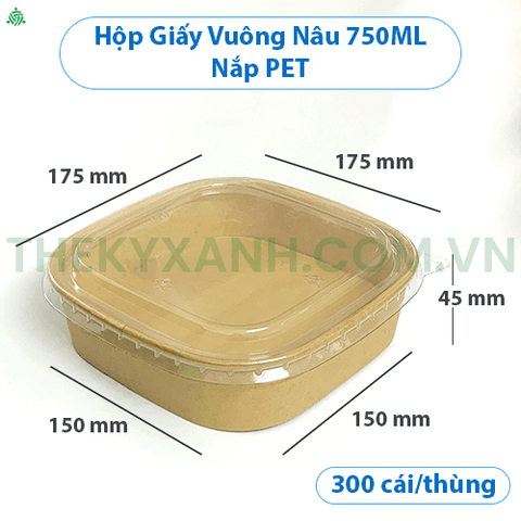 Tô giấy Kraft Vuông Nâu 750ml Kèm Nắp PET đựng thức ăn, salad, bánh bông lan