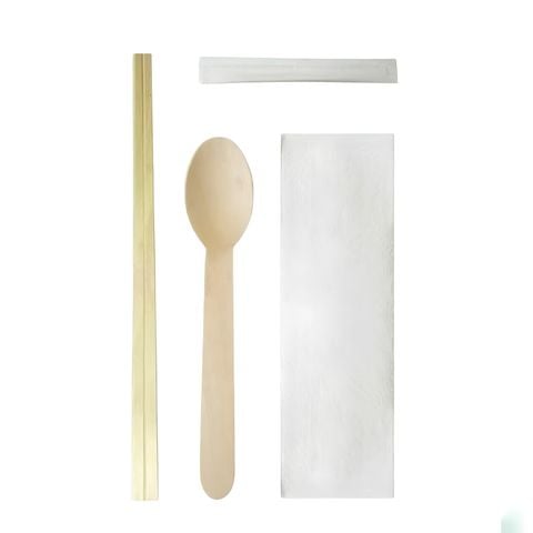 Combo Đũa Muỗng Tăm gỗ kèm Khăn giấy (Bọc giấy)