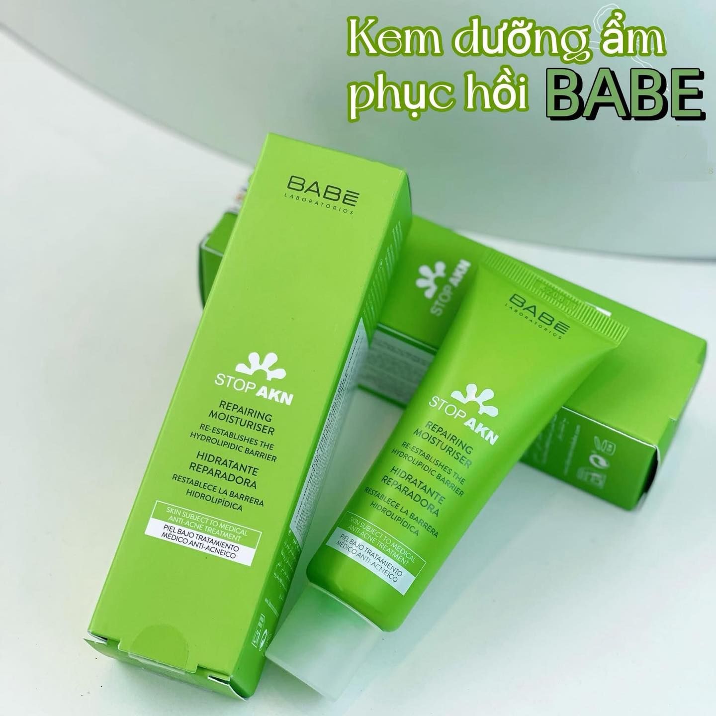 Kem Dưỡng Phục Hồi Da Mụn Babe Stop AKN Repairing Moisturiser 50ml (Xanh)