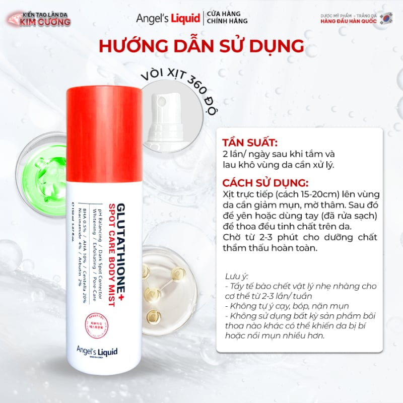 (Mẫu mới) Xịt Hỗ Trợ Giảm Mụn Lưng Angel's Liquid Glutathione+ Spot Care Body Mist 150ml