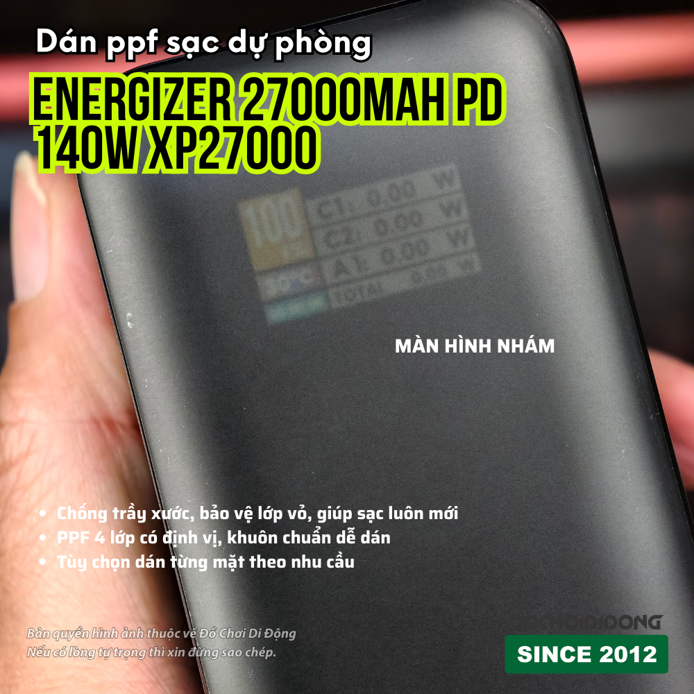Dán PPF Bảo Vệ Màn Hình Sạc Dự Phòng Energizer 27000mAh PD 140W XP27000 (Nhám/Bóng)