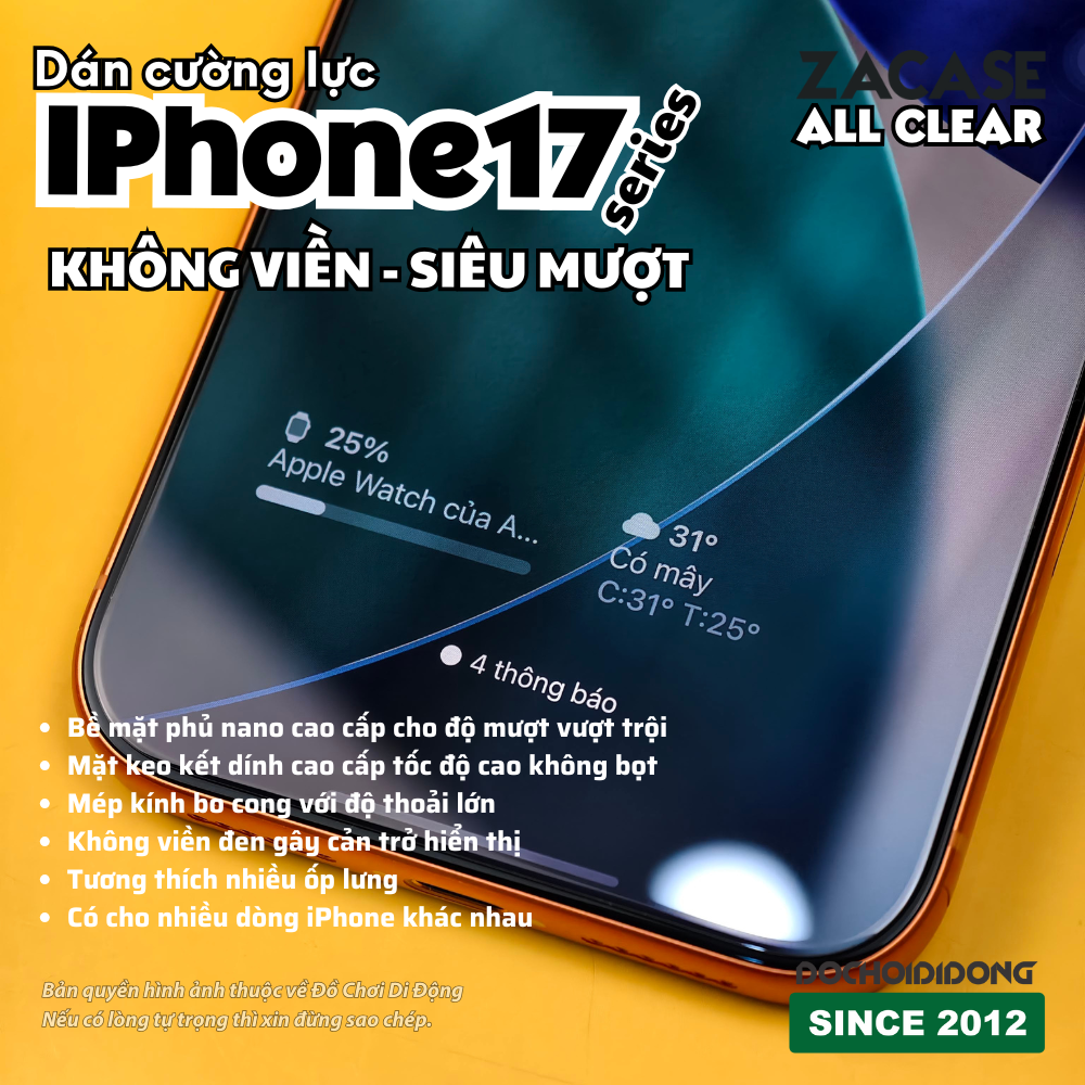 Không viền đen - Cường lực màn hình trong suốt iPhone XR XS X Max 12 13 14 15 16 16e 17 Air Pro Max Plus Zacase All Clear Super Glass