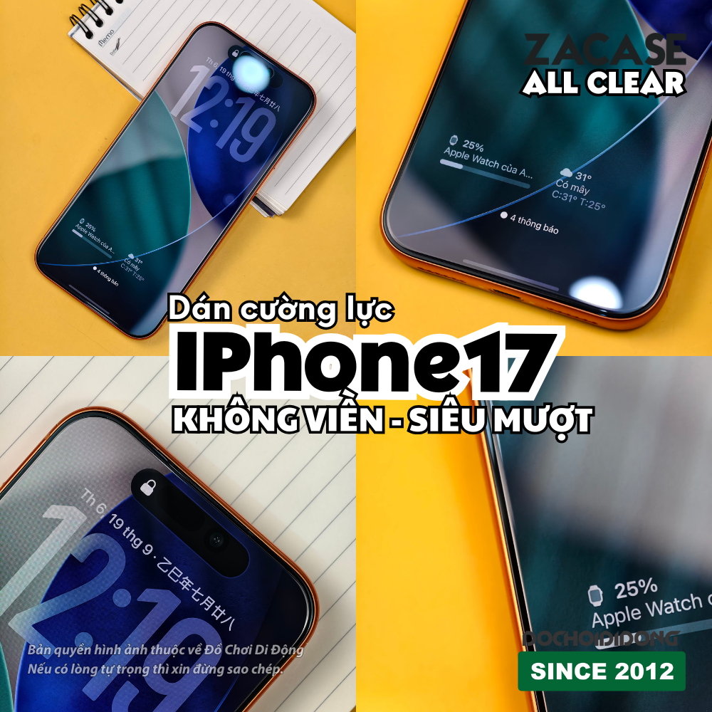 Không viền đen - Cường lực màn hình trong suốt iPhone XR XS X Max 12 13 14 15 16 16e 17 Air Pro Max Plus Zacase All Clear Super Glass