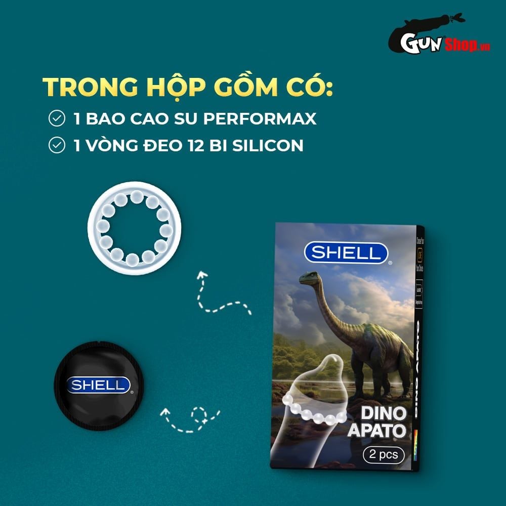 Bao cao su Shell Dino Apato - Hộp 1 vòng 12 bi lớn + 1 bao Shell Performax (Hộp 2 cái)