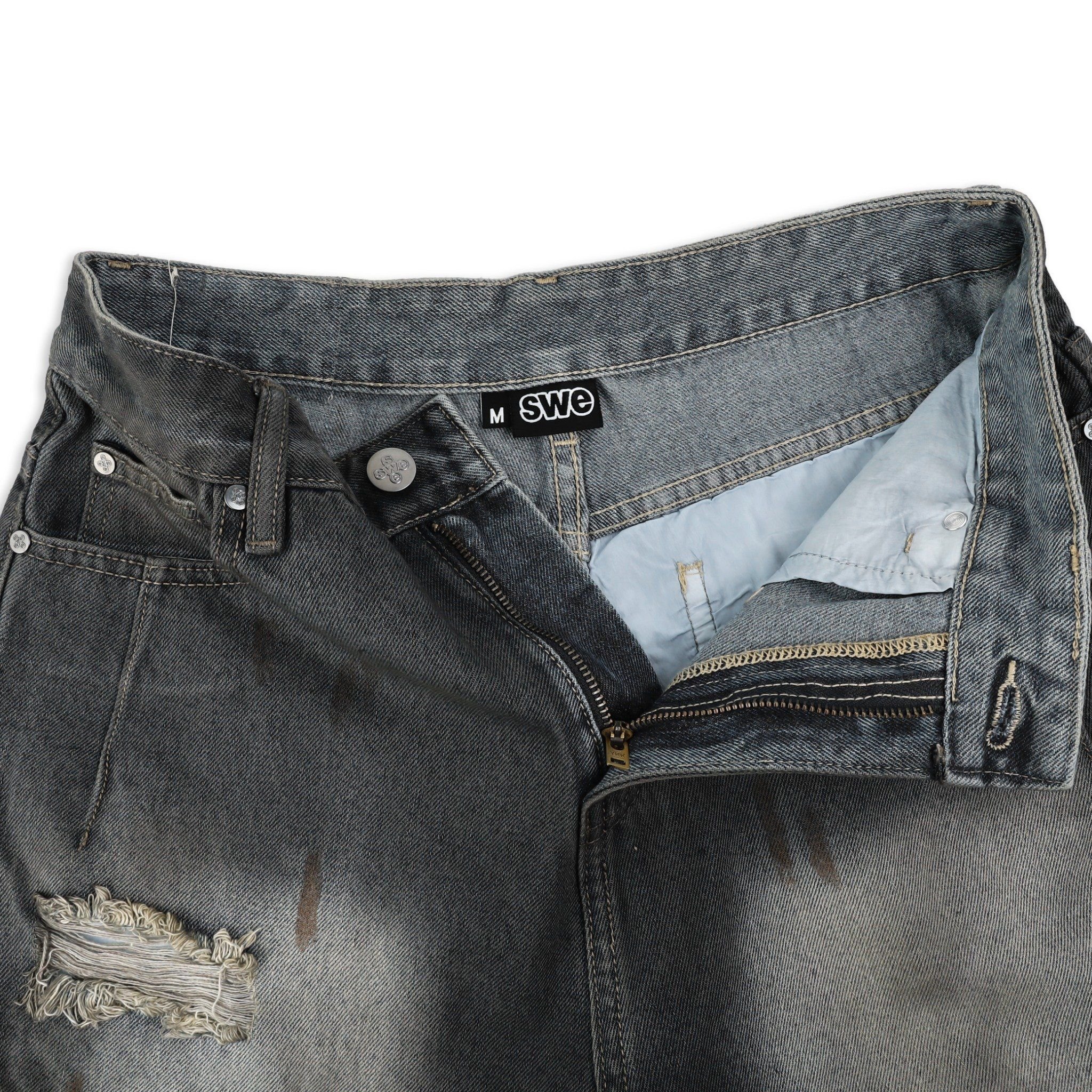 SWE INTERCUT DENIM SHORTS - WASHDED BLACK