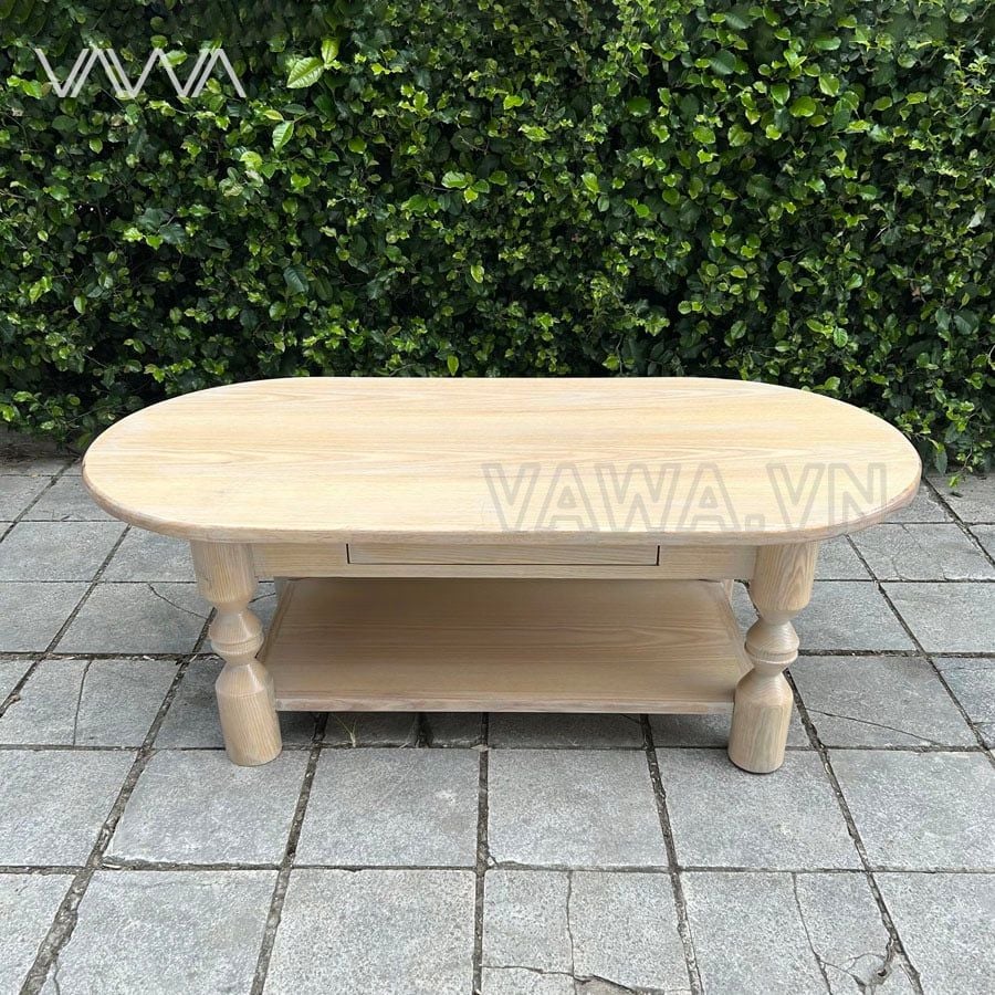 Bàn trà sofa gỗ chân tiện Topia Oval – Bàn sofa Indochine, tân cổ điển, thô mộc tinh tế