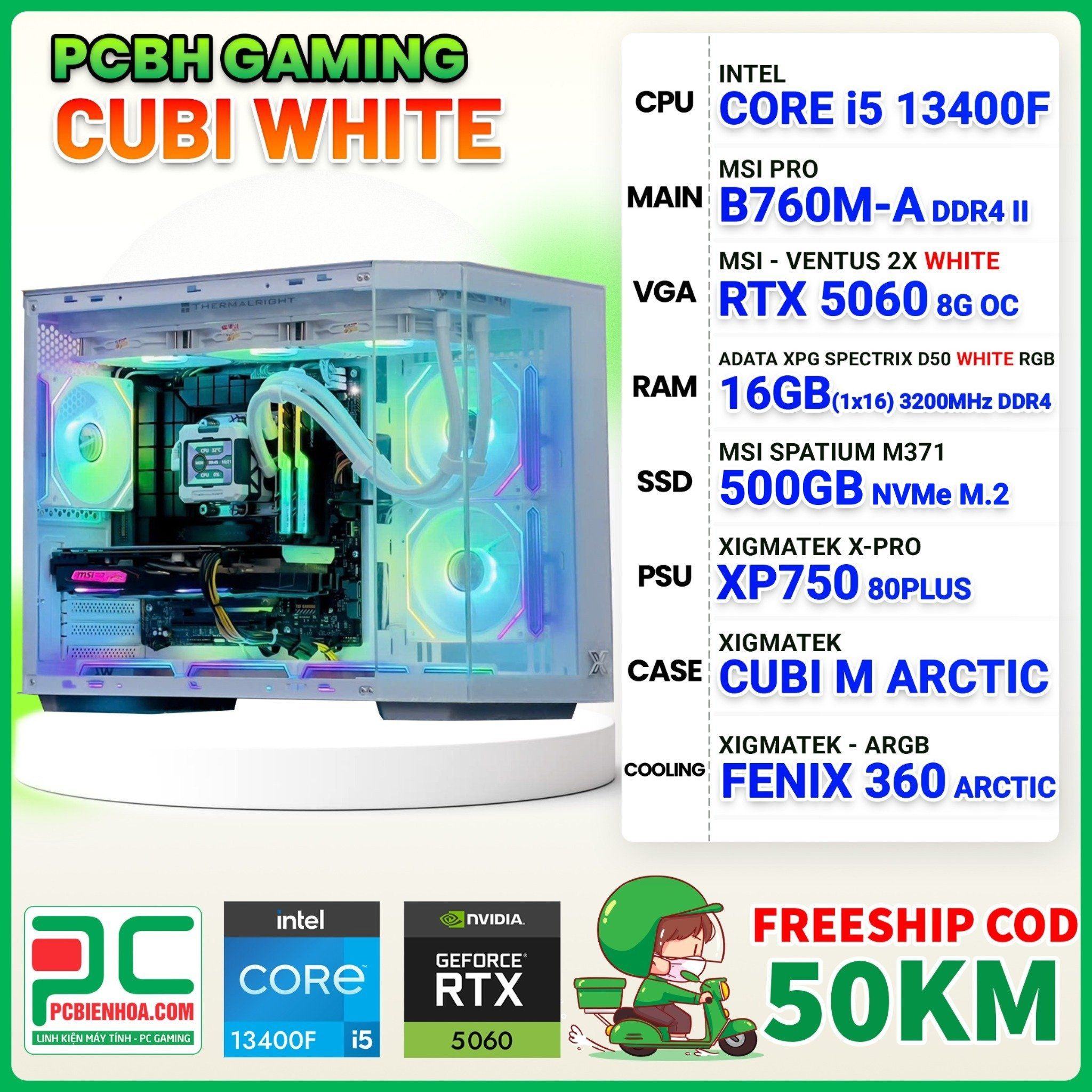 PCBH GAMING WHITE CORE i5 13400F / B760M / RTX 5060 8GB / 16GB / 500GB