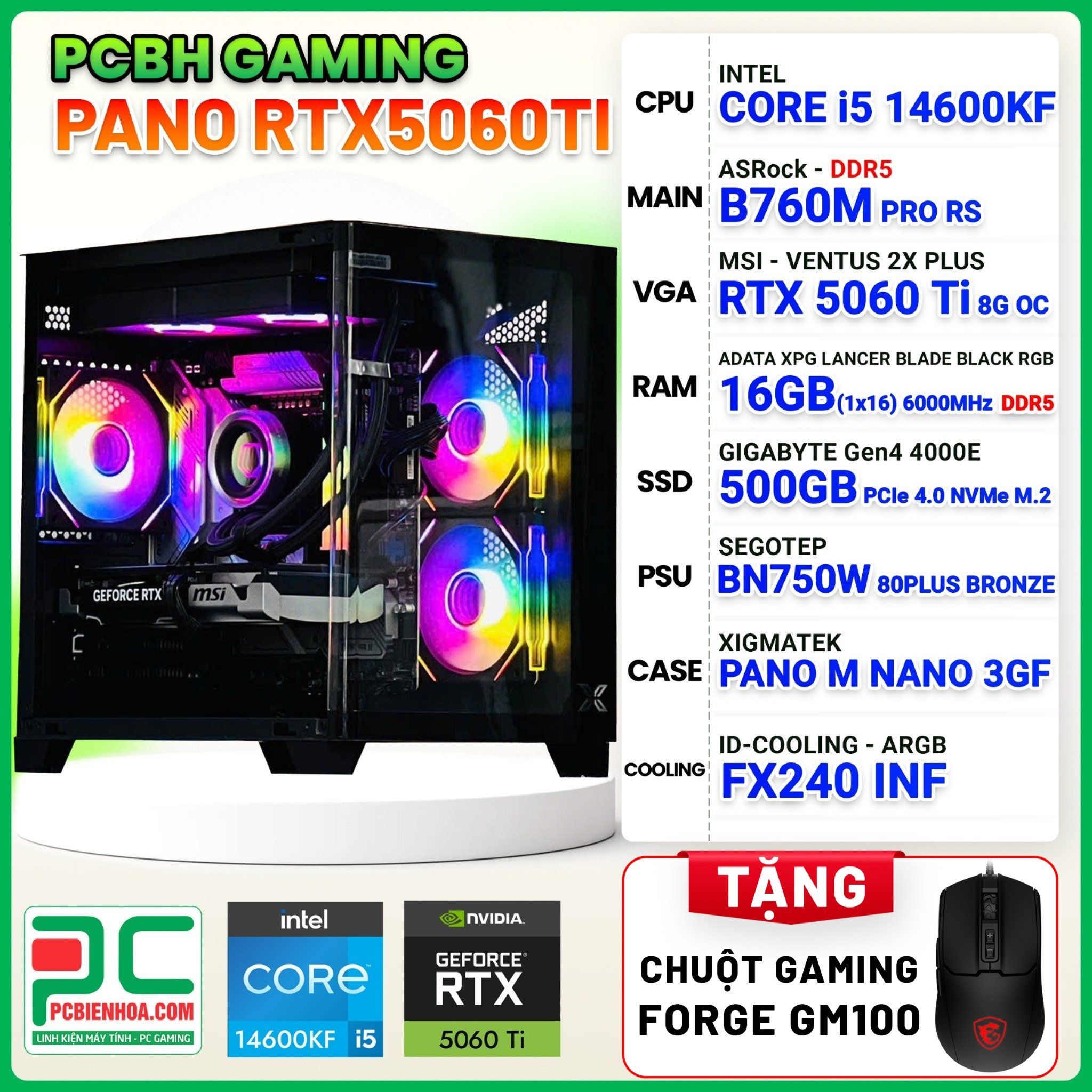 PCBH GAMING PANO CORE i5 14600KF / B760M / RTX 5060 Ti 8GB / 16GB DDR5 / 500GB