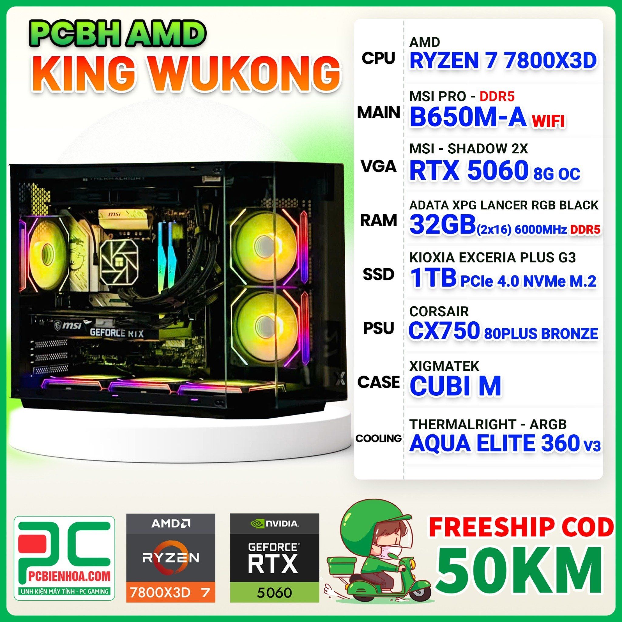 PCBH AMD KING WUKONG RYZEN 7 7800X3D / B650M WIFI / RTX 5060 8GB / 32GB DDR5 / 1TB