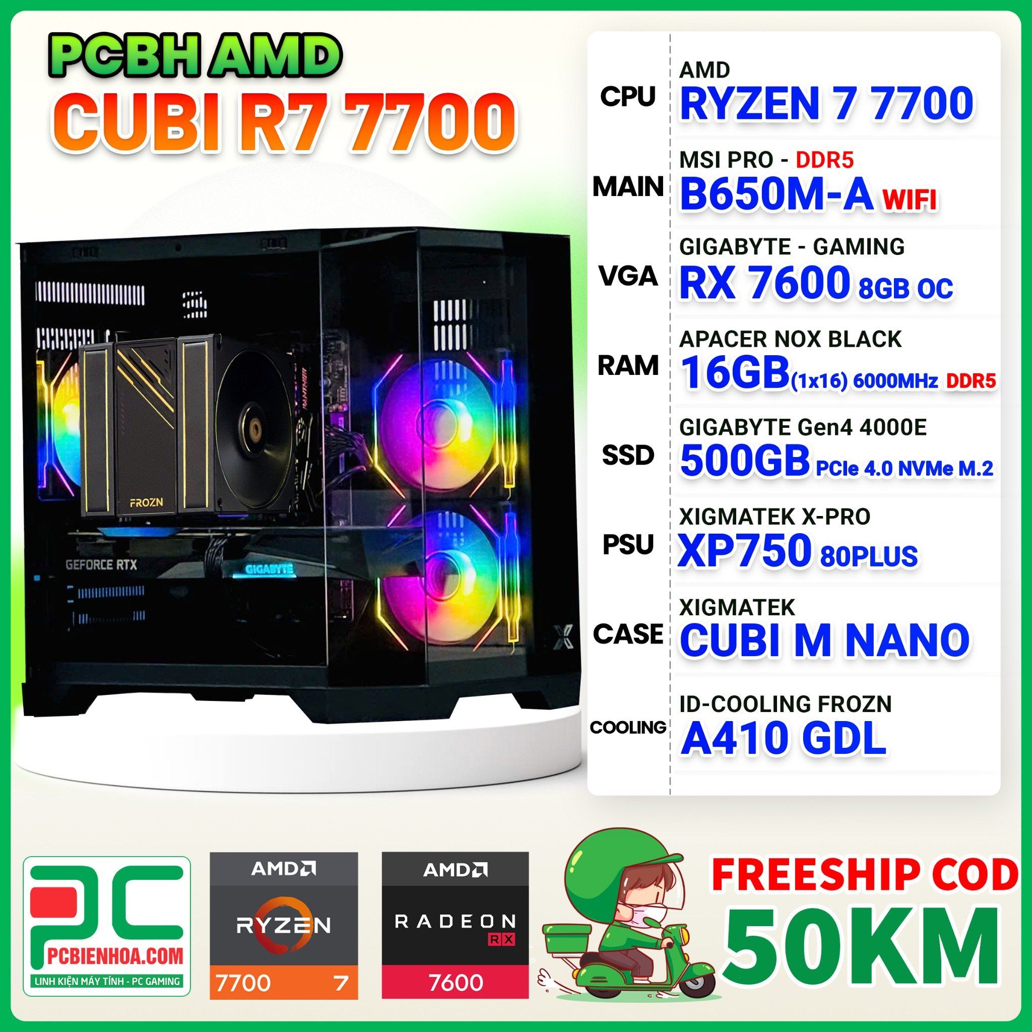 PCBH AMD CUBI RYZEN 7 7700 / B650M WiFi / RX 7600 8GB / 16GB DDR5 / 500GB