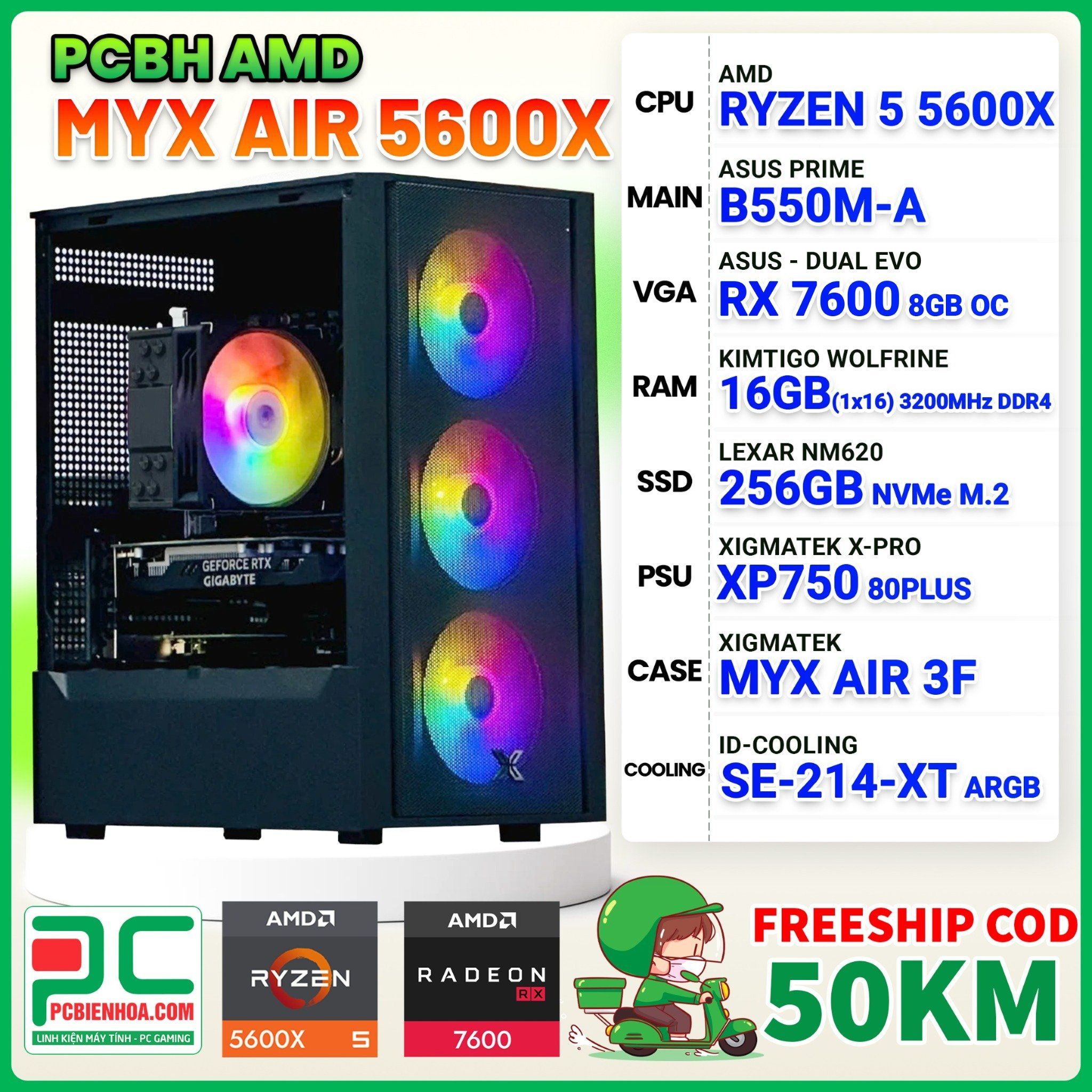 PCBH AMD MYX RYZEN 5 5600X / B550M / RX 7600 8GB / 16GB / 256GB