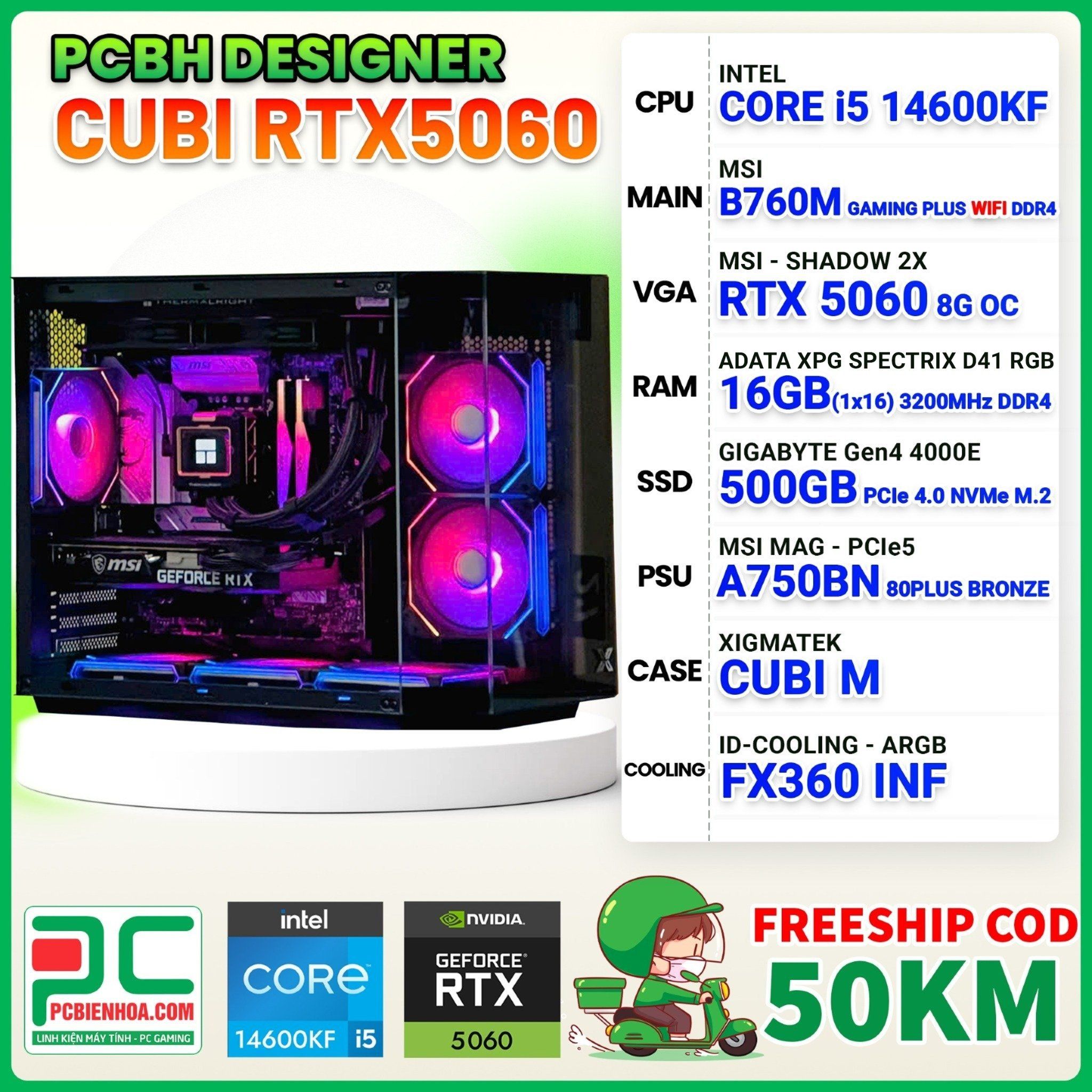 PCBH DESIGNER CUBI CORE i5 14600KF / B760M WiFi / RTX 5060 8GB / 16GB / 500GB