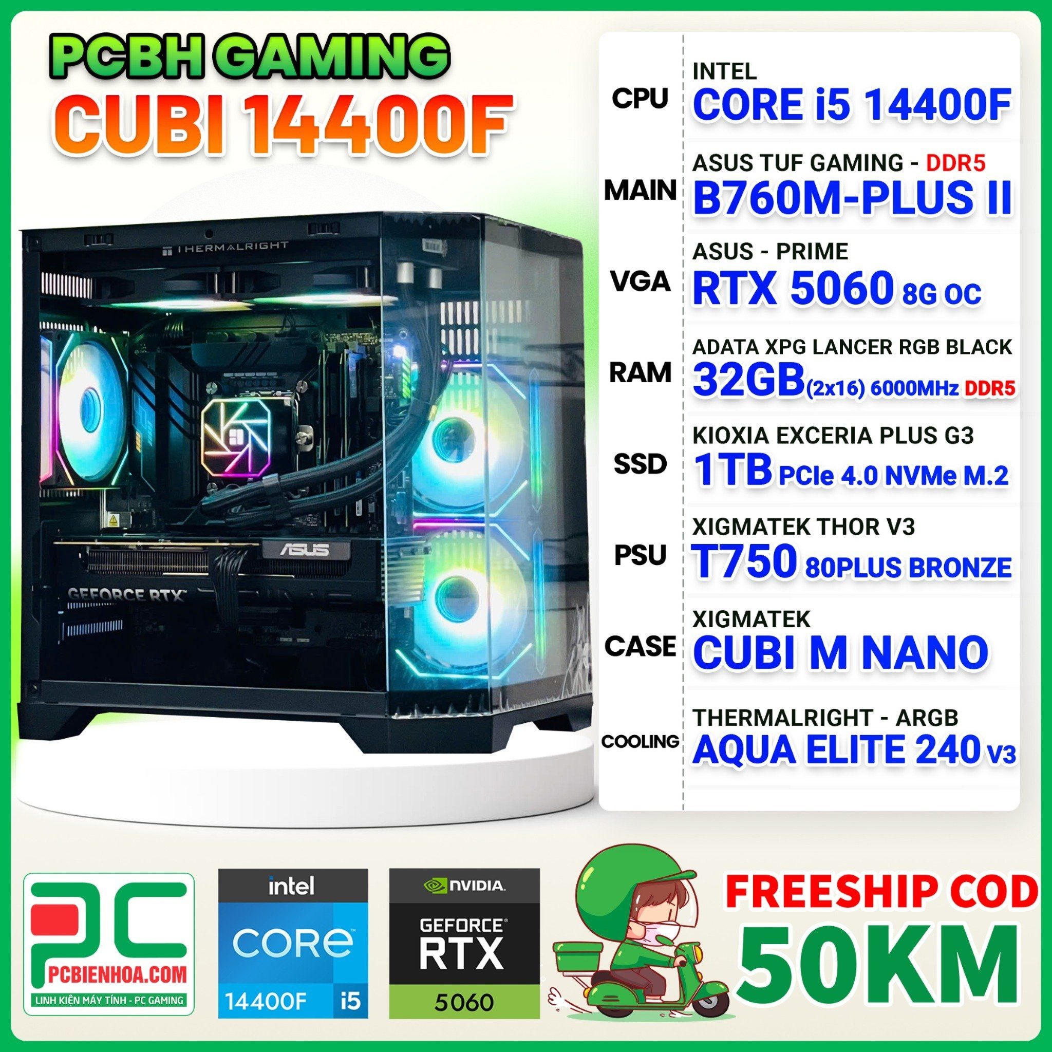 PCBH GAMING CUBI CORE i5 14400F / B760M / RTX 5060 8GB / 32GB DDR5 / 1TB