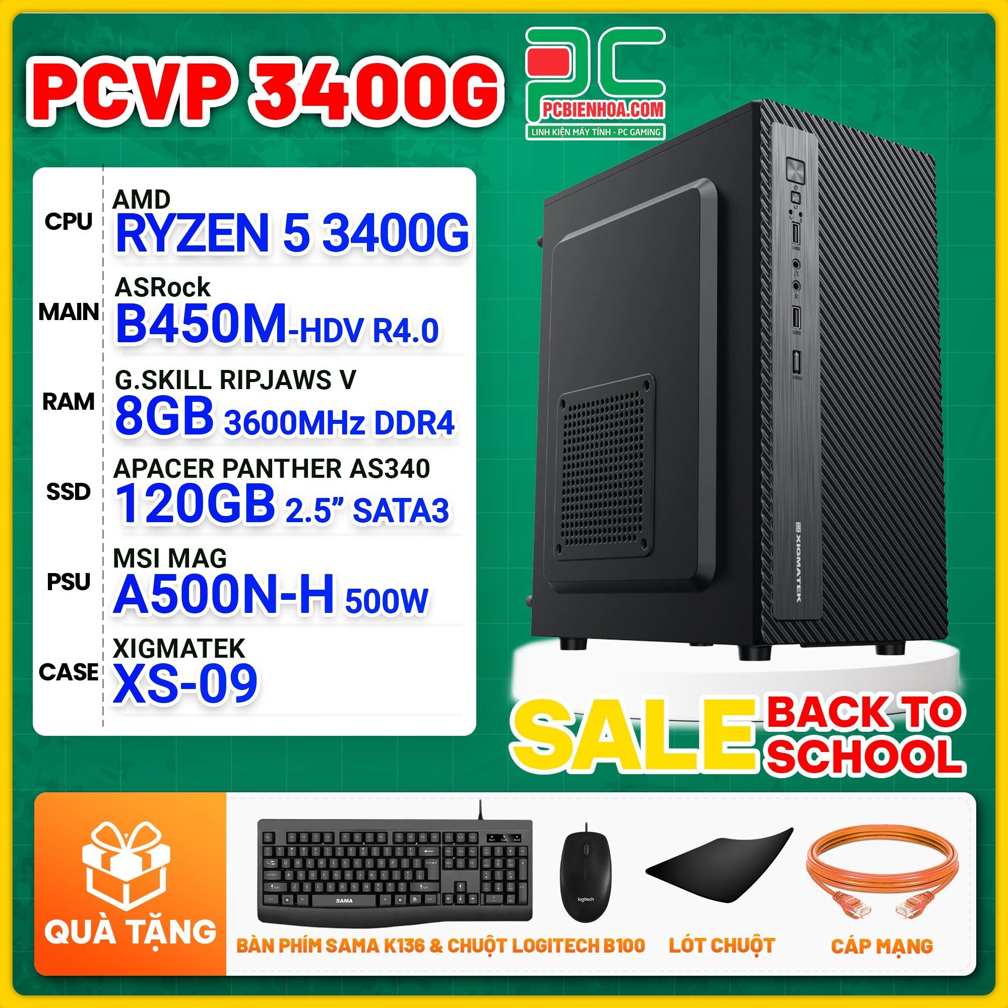 MÁY TÍNH VĂN PHÒNG AMD RYZEN 5 3400G / B450M / 8GB / 120GB