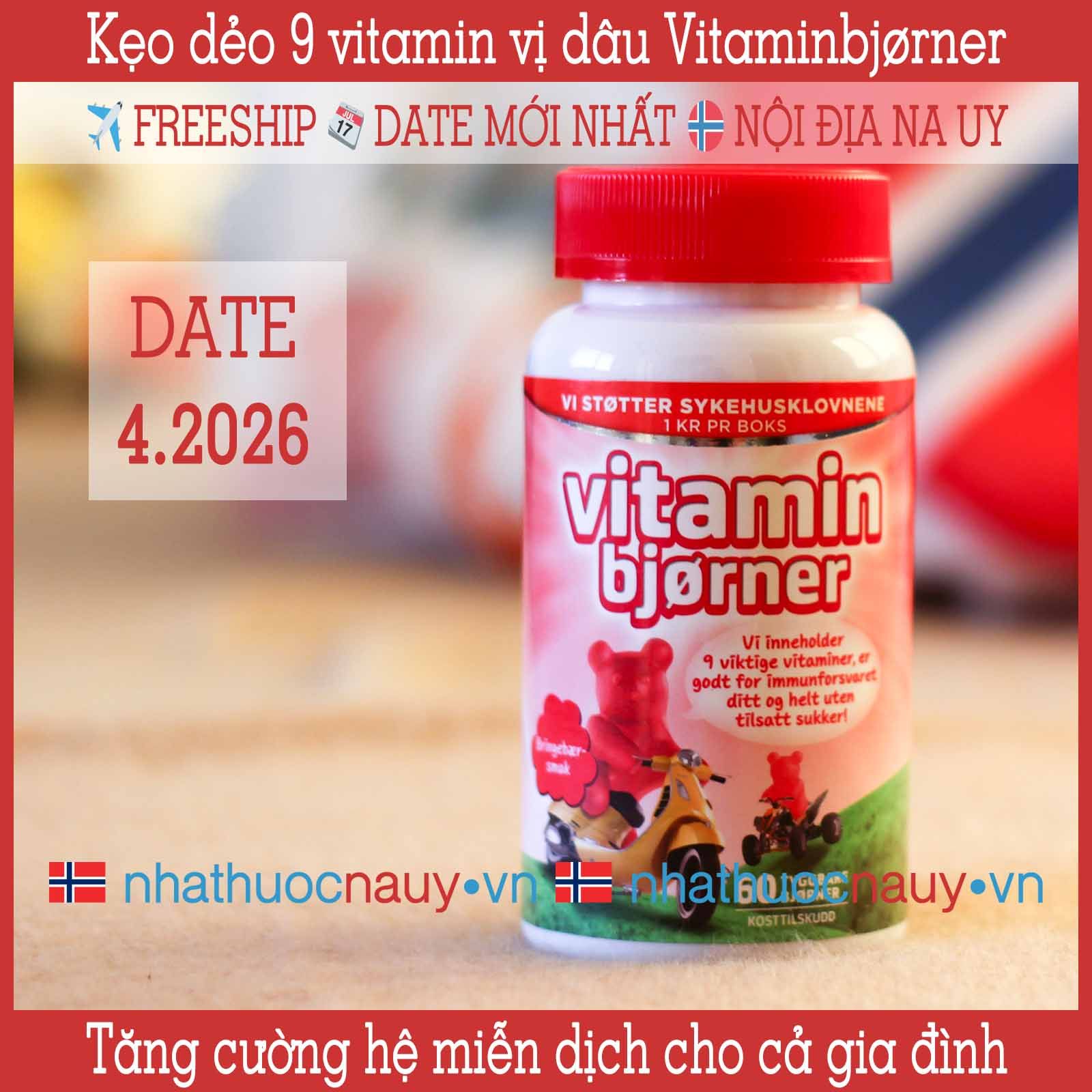 Kẹo gấu vitamin Vitaminbjørner vị dâu