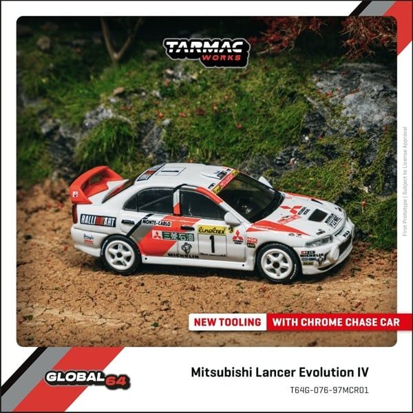 Mô hình xe Mitsubishi Lancer Evolution IV Rallye Monte-Carlo 1997 Tommi Mäkinen/ Seppo Harjanne tỉ lệ 1:64 Tarmac Works T64G-076-97MCR01