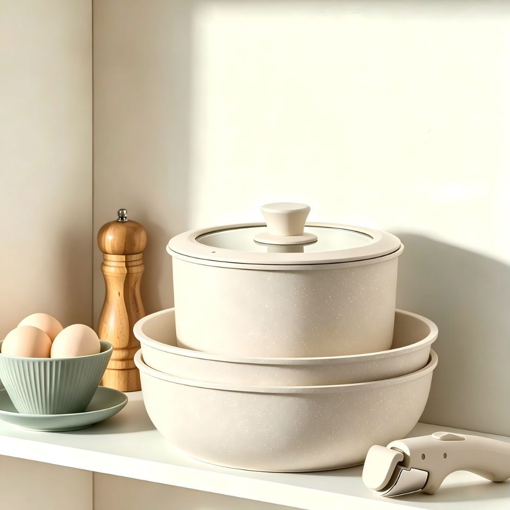 Hình ảnh chi tiết: Bộ Nồi Chảo Đá Gốm Chống Dính Mishio 15 Món (5 Nồi Chảo) MK467- Tay Cầm Tháo Rời Thông Minh, Không Chứa PFAS/PTFE, Tương Thích Mọi Loại Bếp
