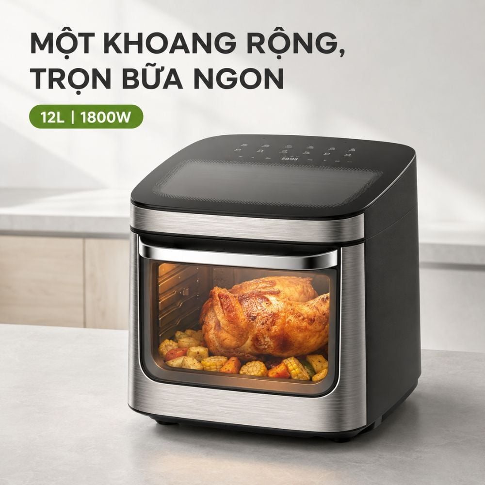 Hình ảnh chi tiết: Nồi chiên không dầu Mishio MK474 12L – Cảm ứng, cửa kính quan sát