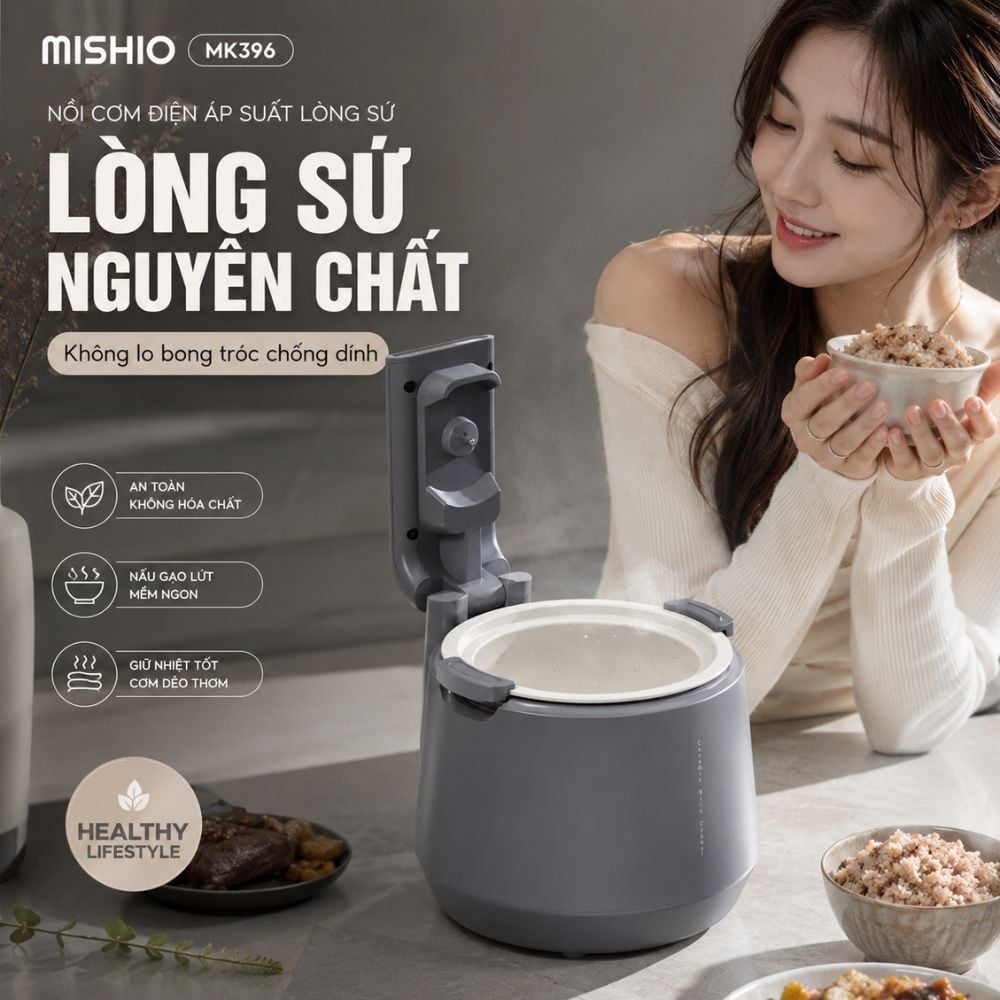 Hình ảnh chi tiết: Nồi Cơm Điện Áp Suất Lòng Sứ Dưỡng Sinh Mishio MK396 dung tích 0.8L cho 1-2 người – Bí Quyết Cho Cơm Gạo Lứt