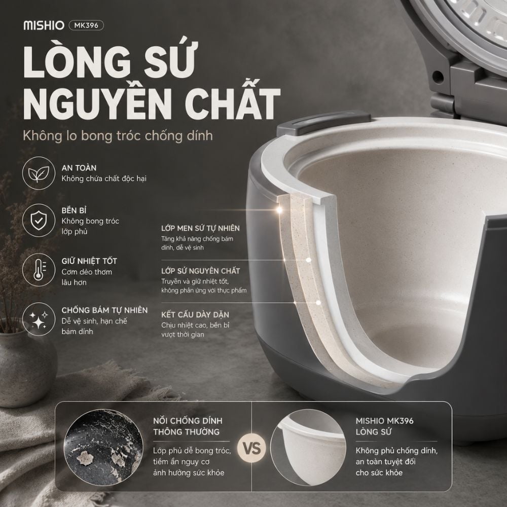 Hình ảnh chi tiết: Nồi Cơm Điện Áp Suất Lòng Sứ Dưỡng Sinh Mishio MK396 dung tích 0.8L cho 1-2 người – Bí Quyết Cho Cơm Gạo Lứt