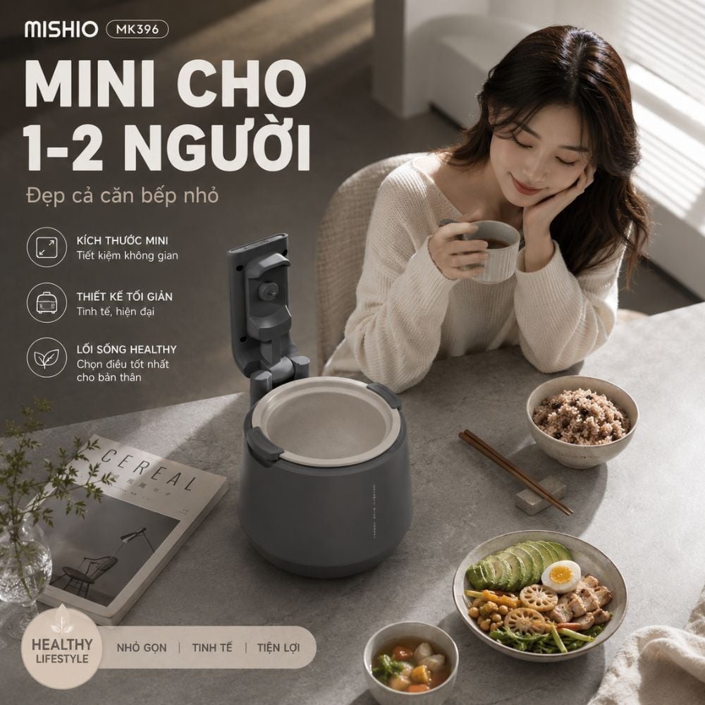 Hình ảnh chi tiết: Nồi Cơm Điện Áp Suất Lòng Sứ Dưỡng Sinh Mishio MK396 dung tích 0.8L cho 1-2 người – Bí Quyết Cho Cơm Gạo Lứt