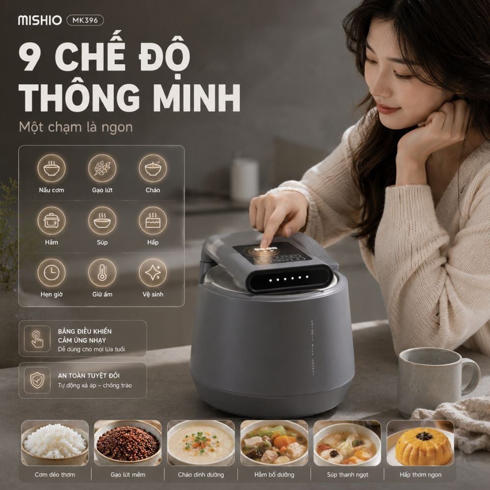 Hình ảnh chi tiết: Nồi Cơm Điện Áp Suất Lòng Sứ Dưỡng Sinh Mishio MK396 dung tích 0.8L cho 1-2 người – Bí Quyết Cho Cơm Gạo Lứt