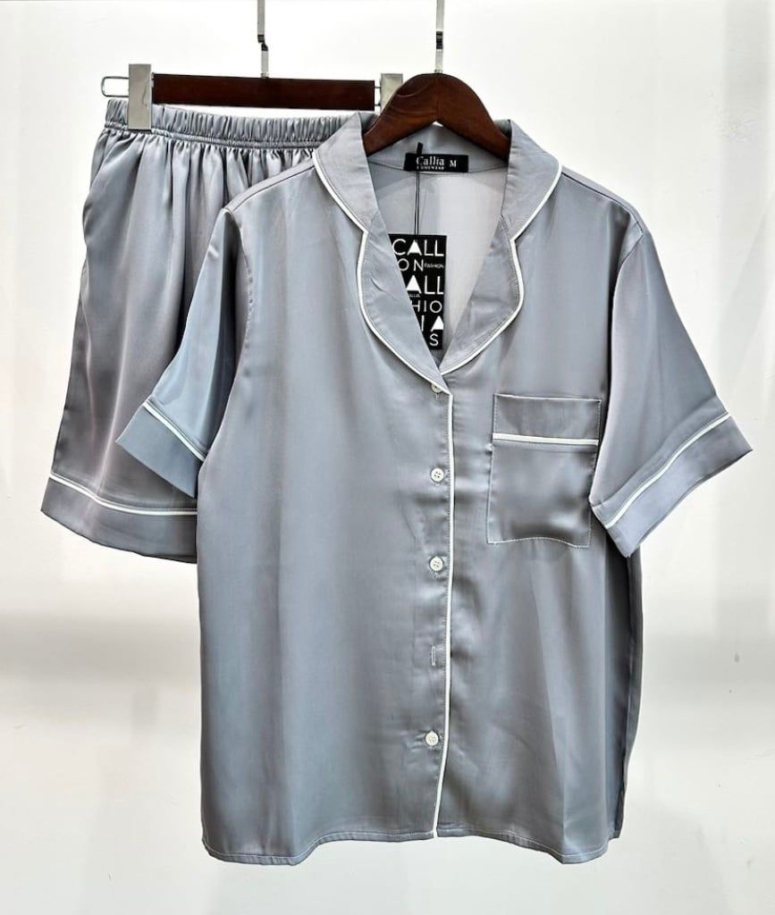 Pijama Ngắn Lụa Xám Viền Trắng