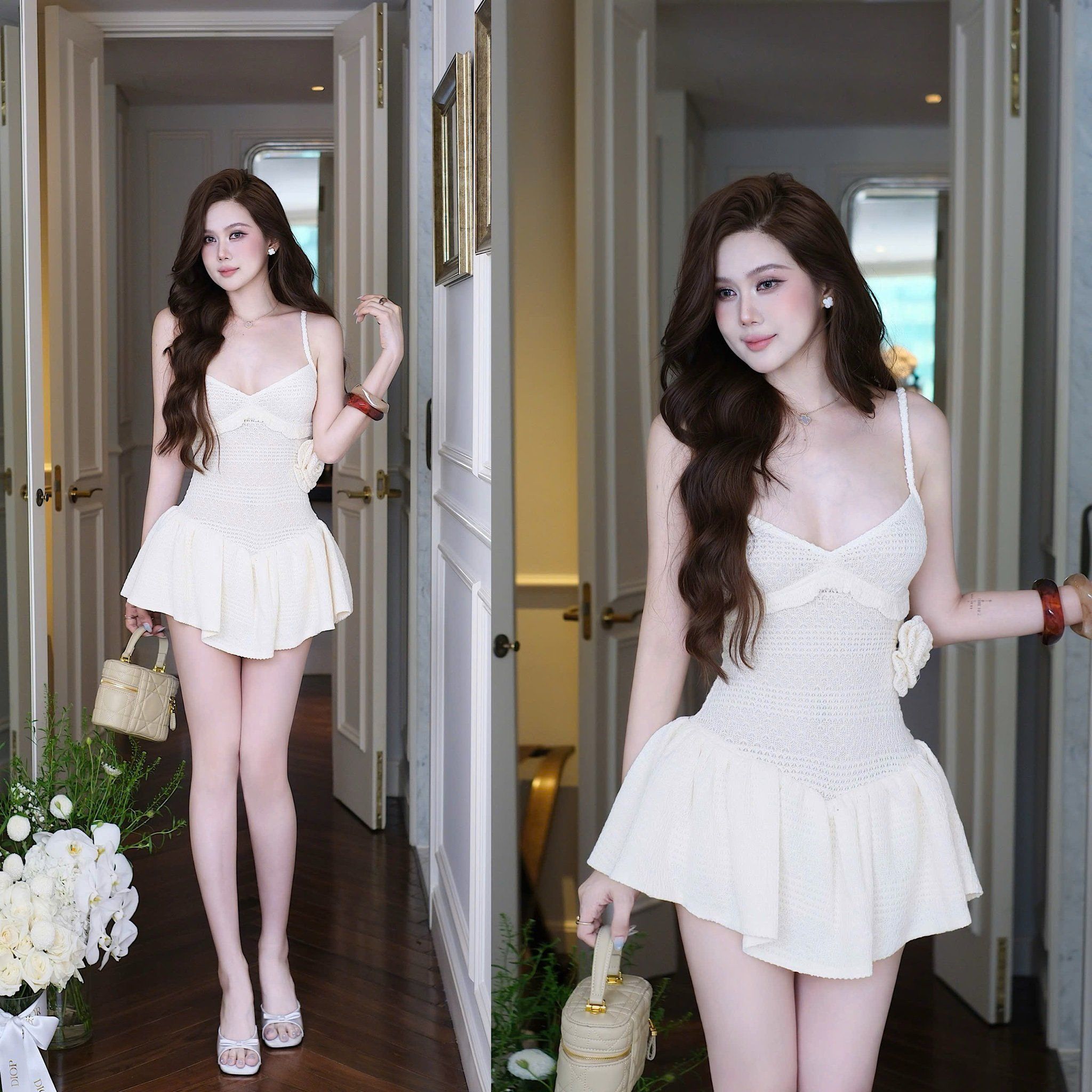 Đầm Thun Len Xòe Kèm Hoa