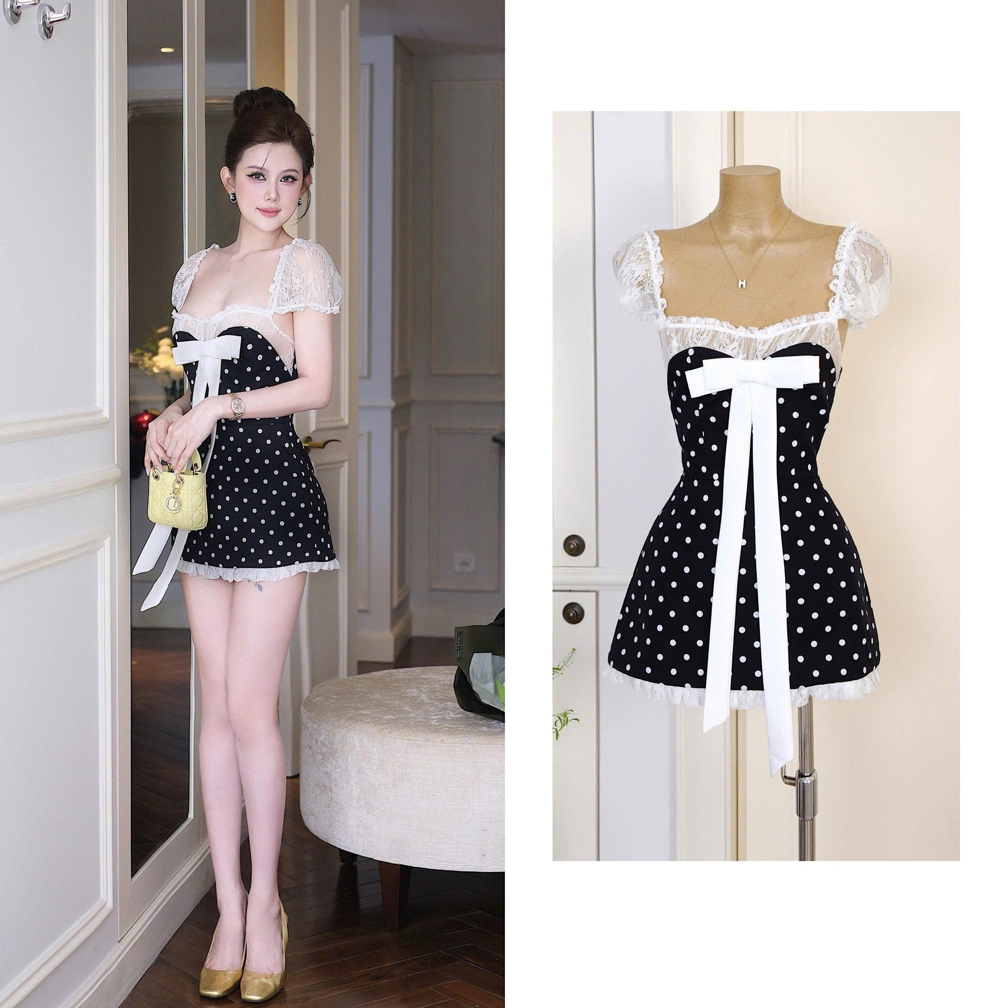 Đầm Chấm Bi Viền Ren Đính Nơ
