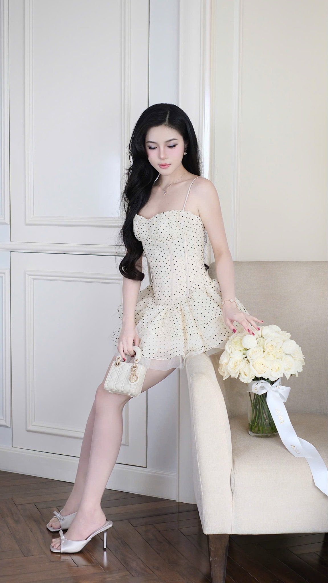 Đầm Lưới Chấm Bi Xòe Tầng