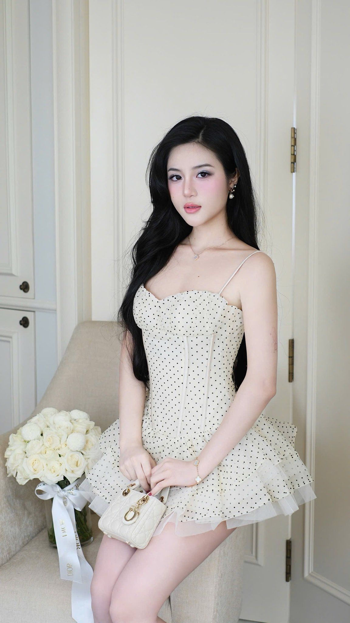 Đầm Lưới Chấm Bi Xòe Tầng