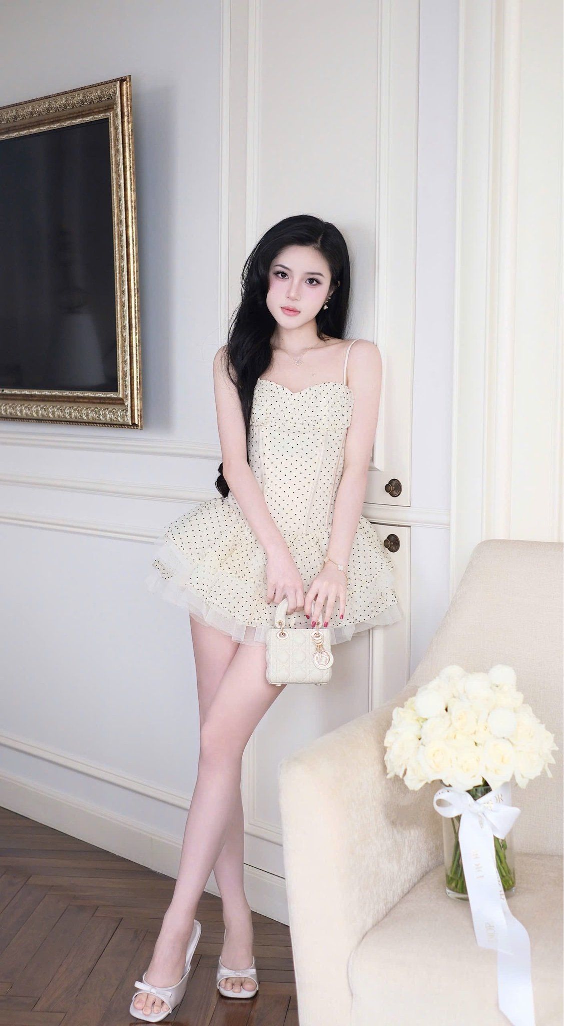 Đầm Lưới Chấm Bi Xòe Tầng