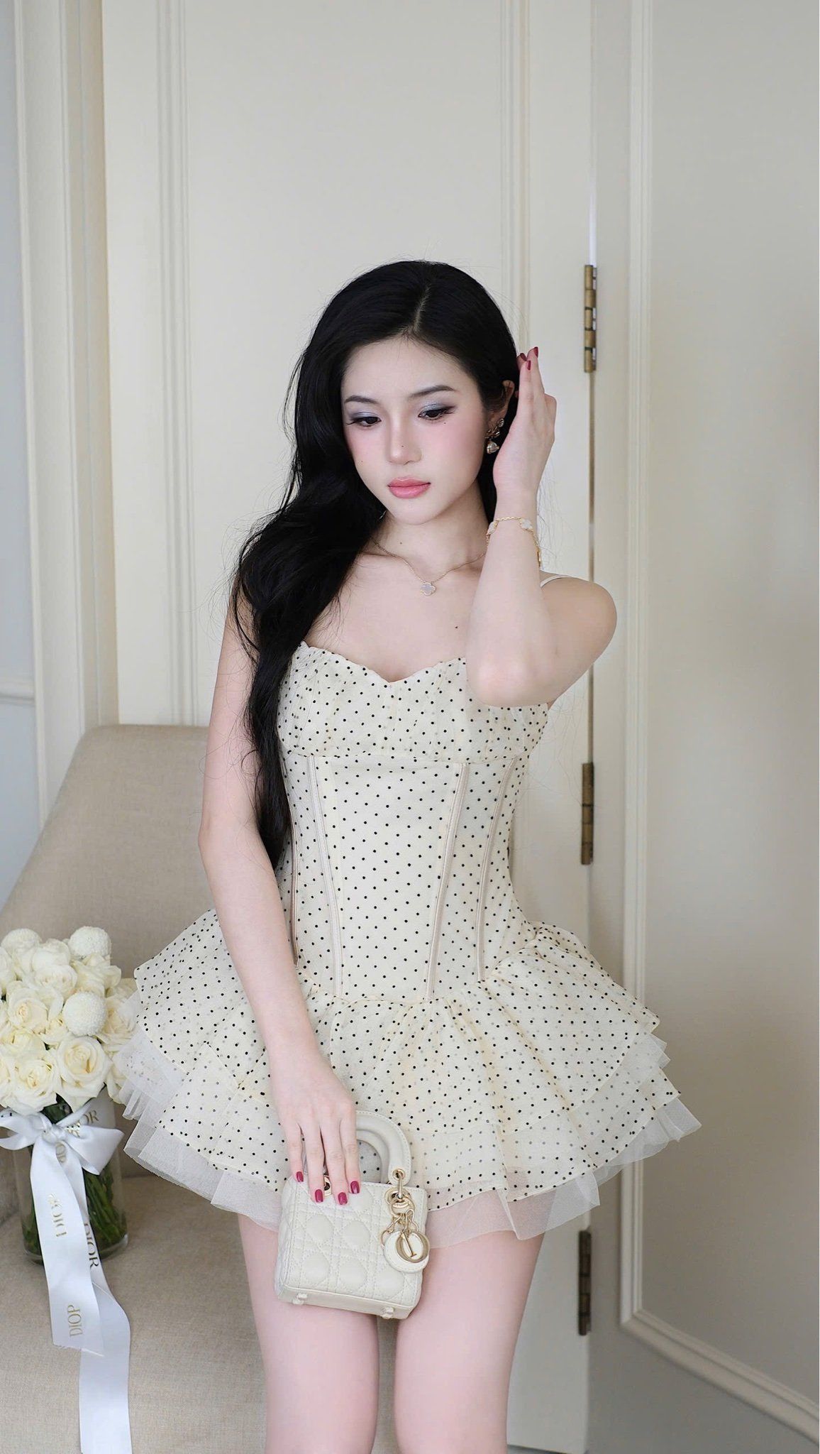 Đầm Lưới Chấm Bi Xòe Tầng