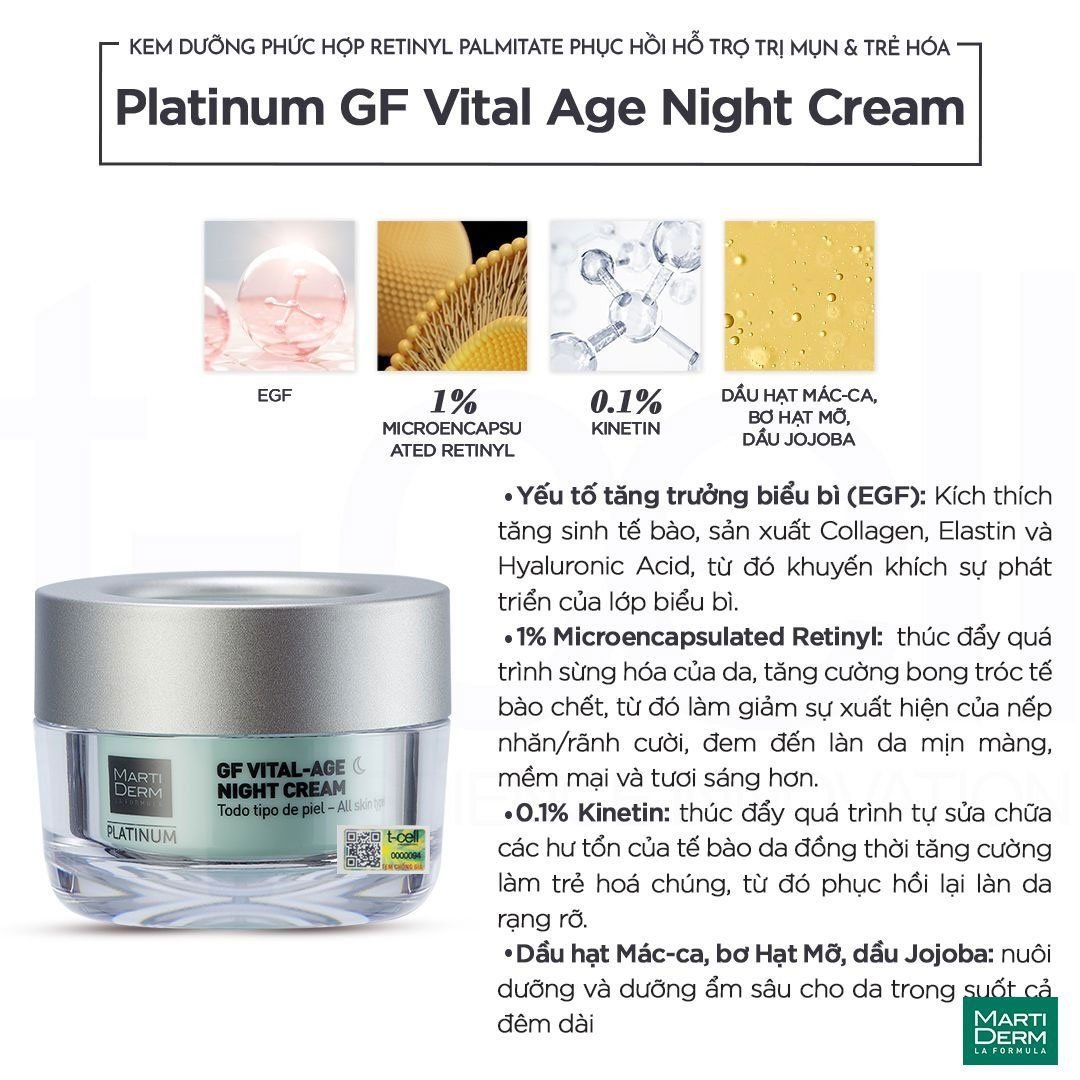 Kem Dưỡng Phức Hợp Retinyl Palmitate Phục Hồi Hỗ Trợ Trị Mụn & Trẻ Hóa - MartiDerm Platinum GF Vital Age Night Cream