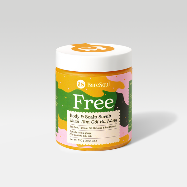 Muối tắm gội tẩy tế bào chết da đầu và body cho tóc bết và da body dầu, mụn Free BareSoul Body & Scalp Scrub 330g - 11.64 oz