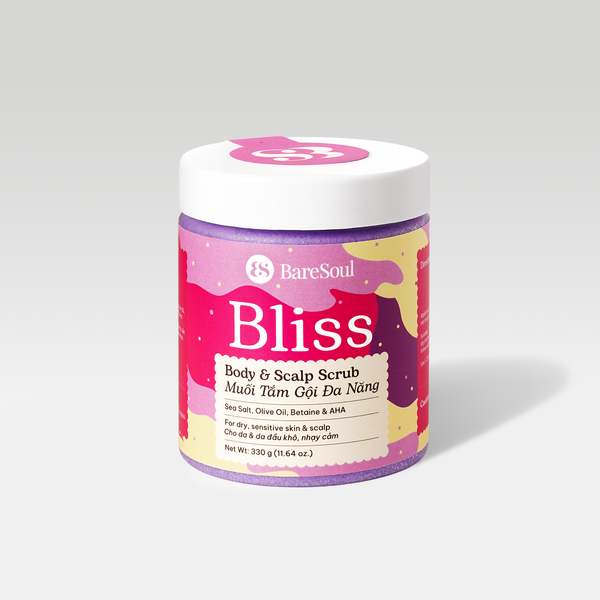 Muối tắm gội tím tẩy tế bào chết da đầu và body cho tóc tẩy nhuộm và da body khô, nhạy cảm Bliss BareSoul Salt Body & Scalp Scrub 330g - 11.64 oz
