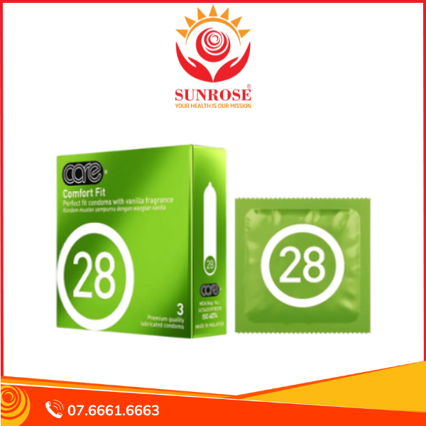 Bao cao su CARE 28 Comfort Fit trơn mỏng truyền thống - hương vani hộp 3 cái