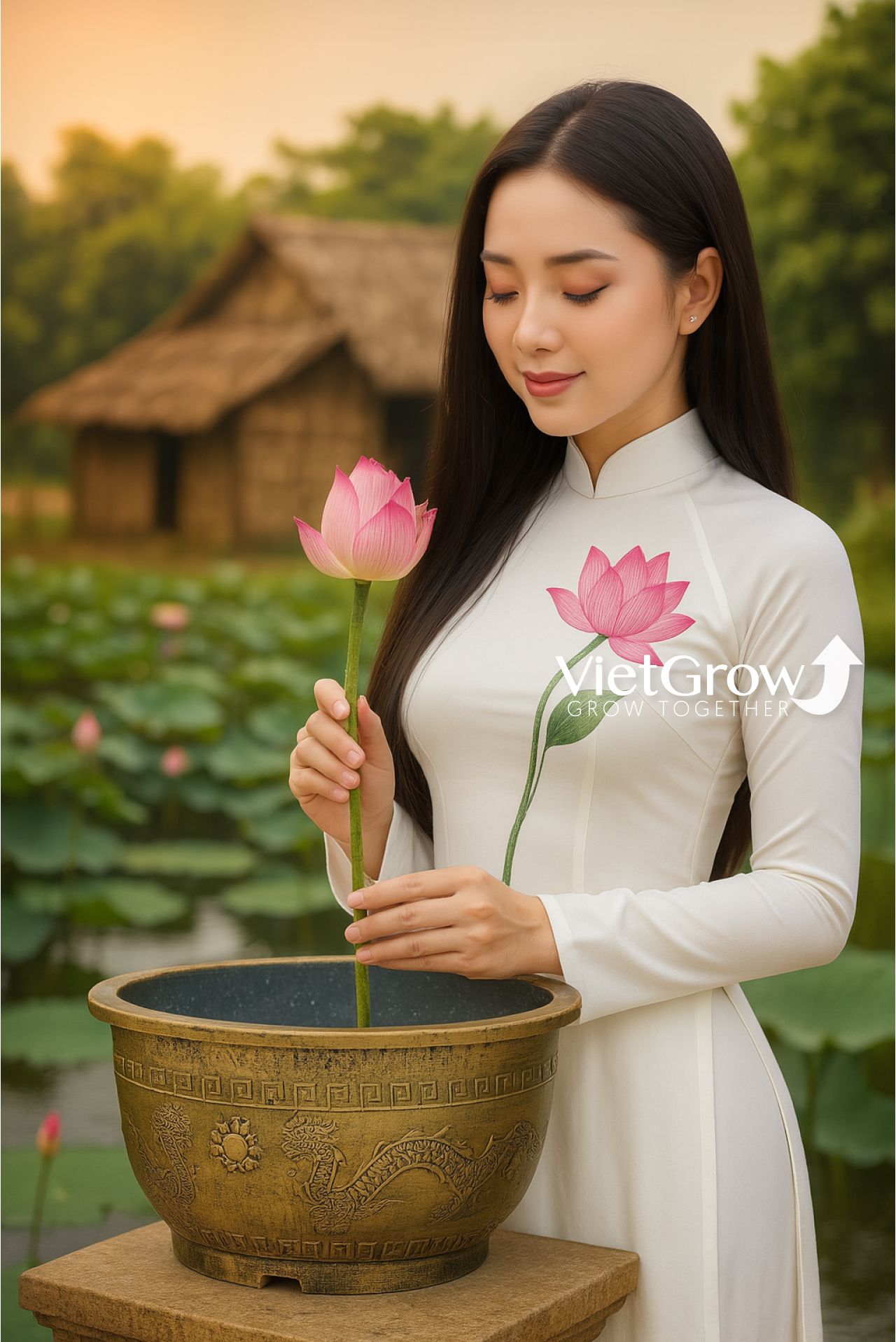 Chậu Nhựa Giả Đồng Song Long Tranh Châu, Đường kính 44cm