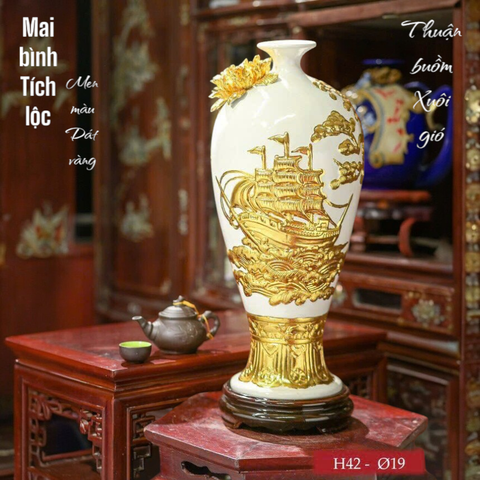 Bình mai men màu họa tiết dát vàng THUẬN BUỒM XUÔI GIÓ gốm sứ Bát Tràng cao cấp BMVHTBDV
