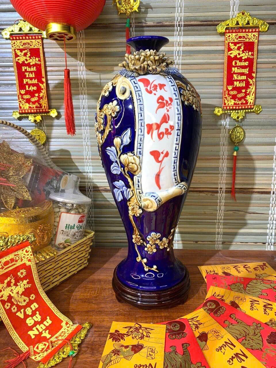 Bình mai men màu đắp nổi 3D VẠN SỰ NHƯ Ý hàng Bát Tràng chính hãng BMVHVSNY