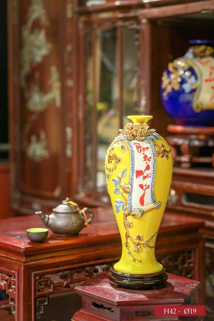 Bình mai men màu đắp nổi 3D VẠN SỰ NHƯ Ý hàng Bát Tràng chính hãng BMVHVSNY