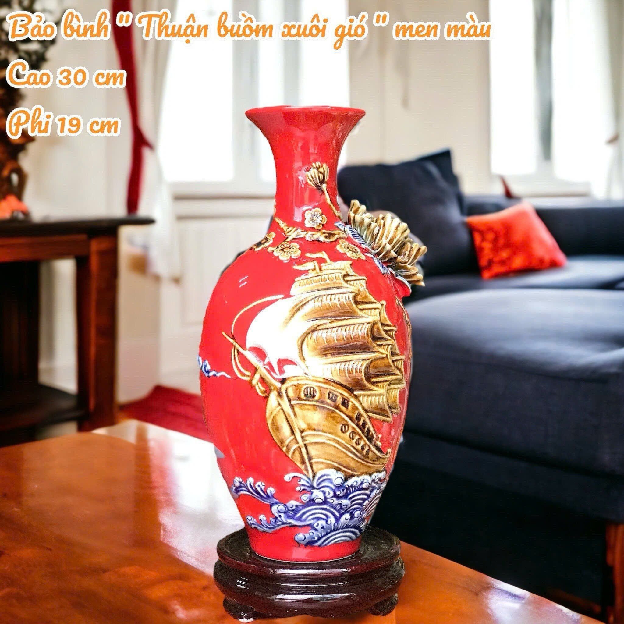 Bảo bình men màu đắp nổi 3D THUẬN BUỒM XUÔI GIÓ hàng Bát Tràng chính hãng BBVHTB