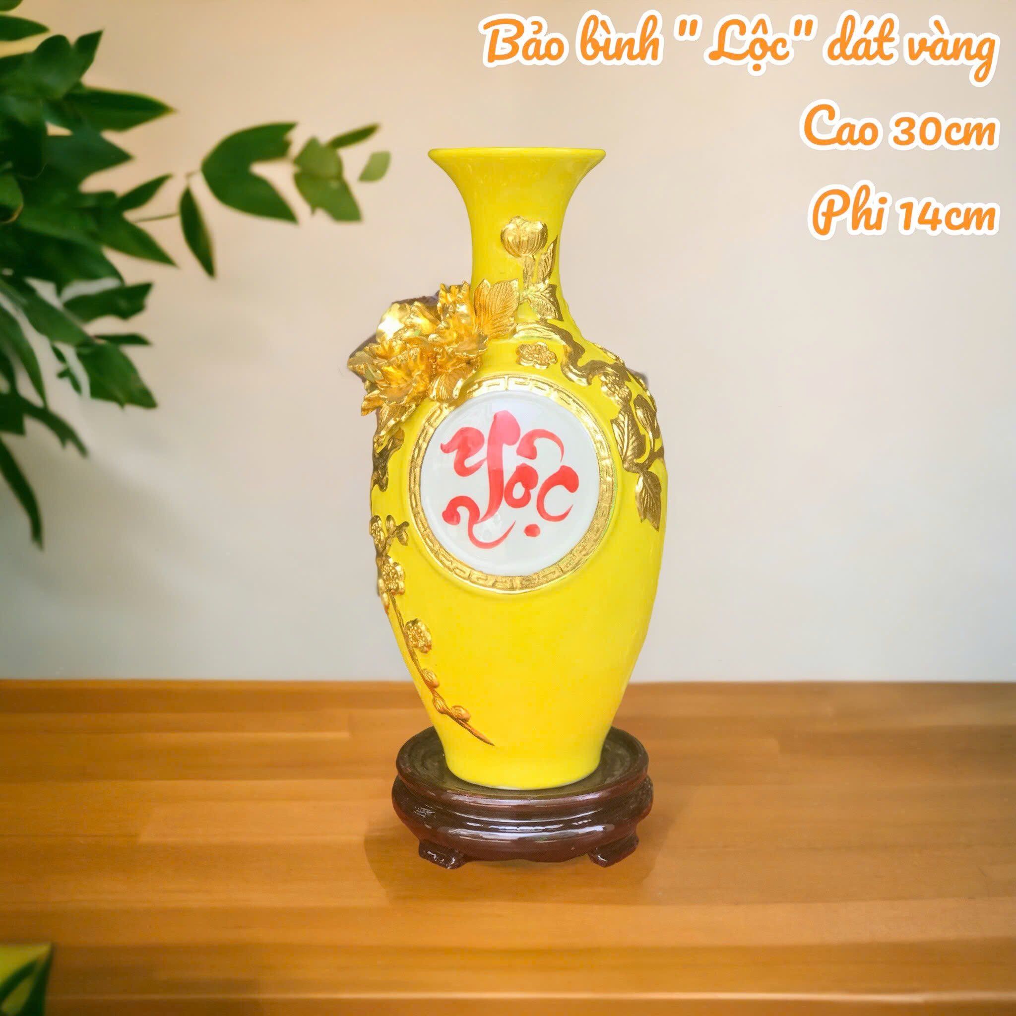 Bảo bình men màu đắp nổi dát vàng 24K họa tiết CHỮ LỘC hàng Bát Tràng cao cấp BBVHLDV