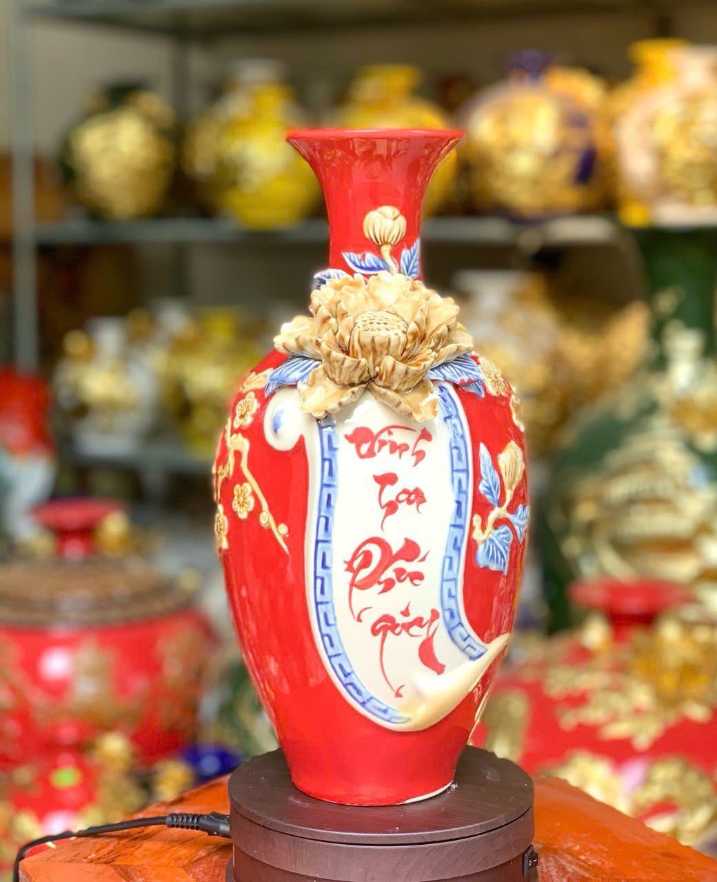 Bảo bình men màu dát vàng 24K họa tiết VINH HOA PHÚ QUÝ hàng Bát Tràng chính hãng BBVHVHPQDV