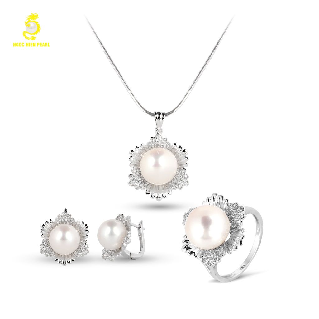 Bộ trang sức ngọc trai Freshwater kết hợp vàng trắng 18K GS0613